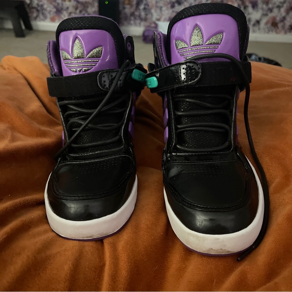 Adidas high top black patent leather and purple shoes size 8.5